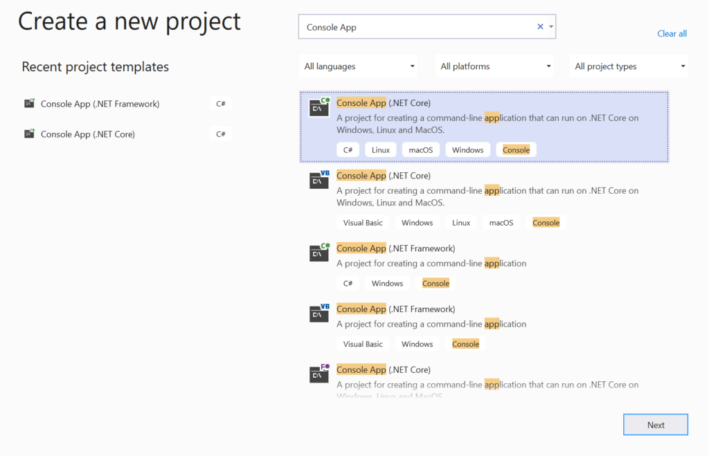 Select Console App (.Net Core)